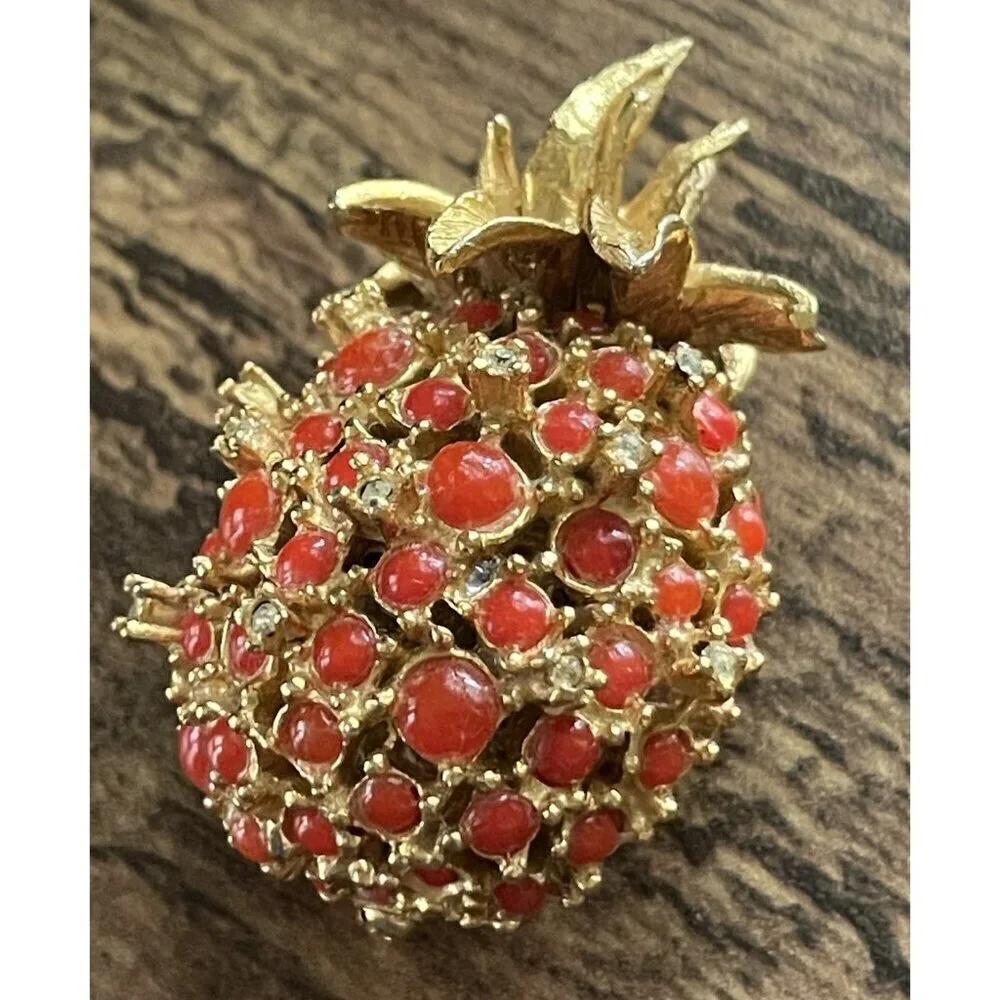 Vintage Alice Caviness Pineapple Brooch Gold Tone Faux Coral Rhinestone Pin